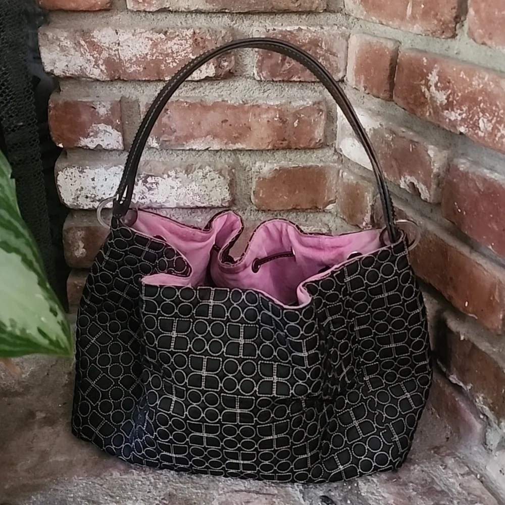 Kate Spade Vintage Quilted Nylon Bucket Hobo Bag Black Drawstring Pink Lining